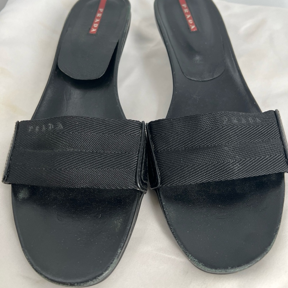 Vintage 1990s Prada Women's Sport Black Kitten Heel Slide Mules Sandals Size 37
